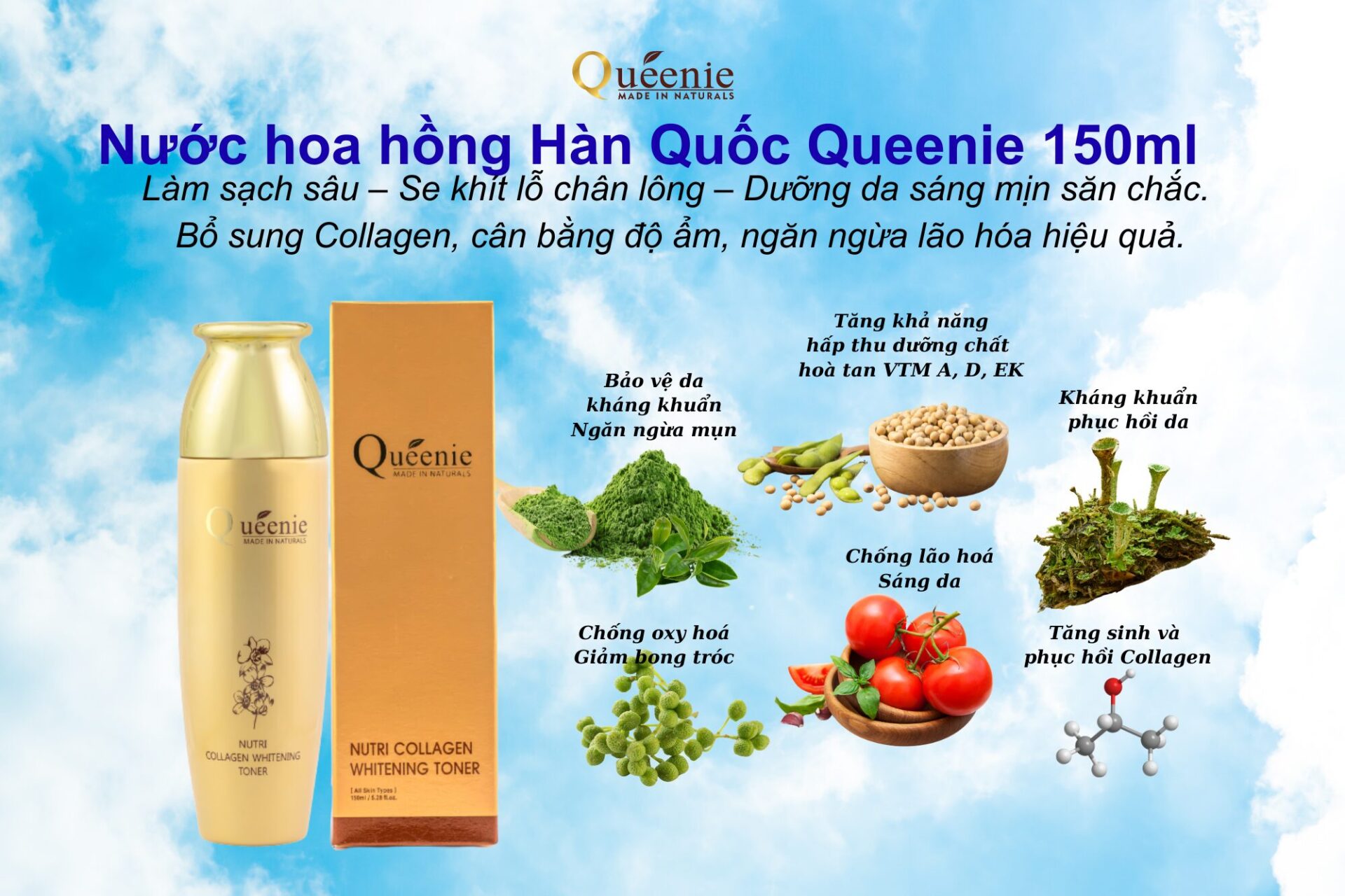 Nước hoa hồng Hàn Quốc Queenie dưỡng trắng da, bổ sung Collagen150ml 17 TP Toner Collagen