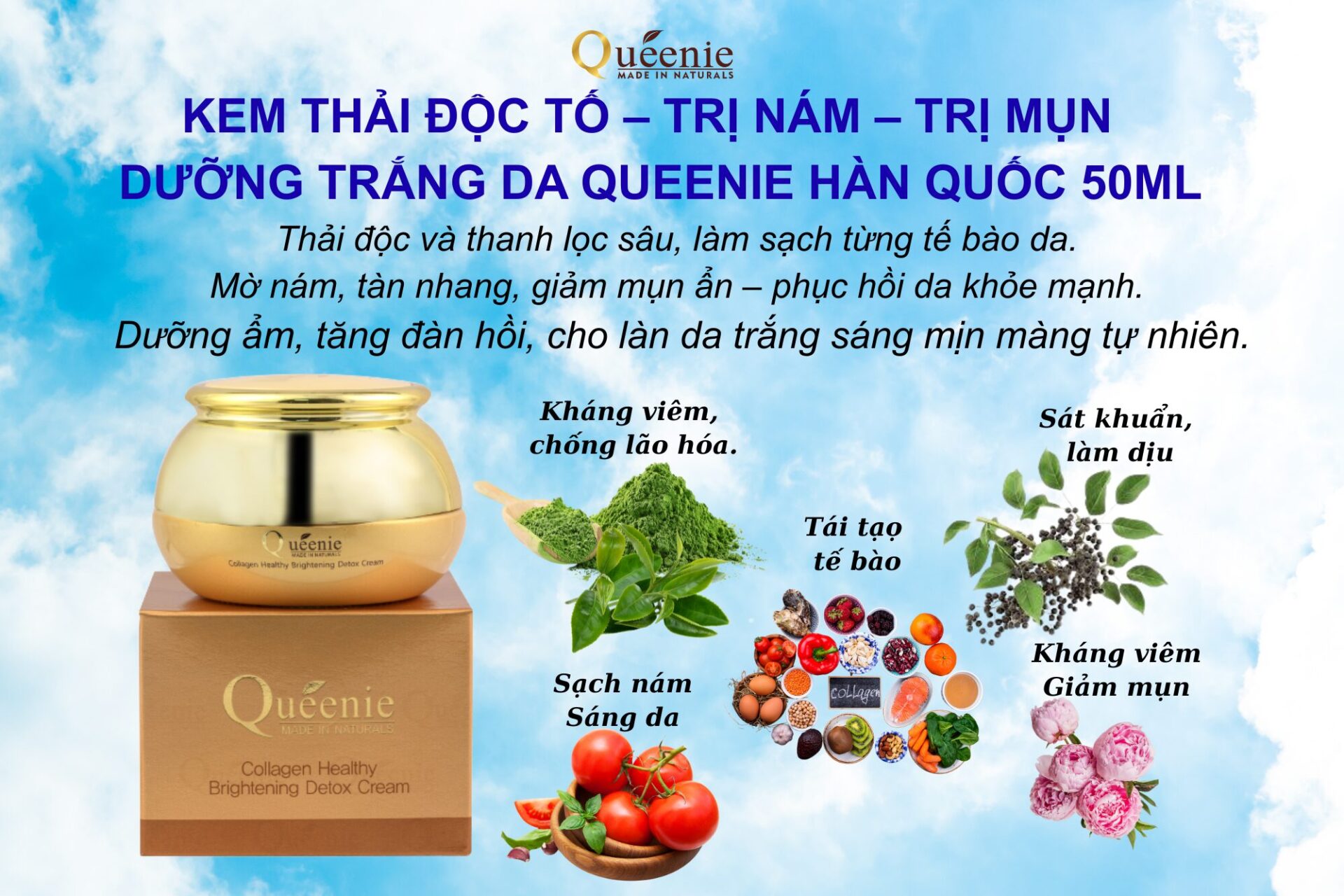 Chiết xuất thiên nhiên lành tính Kem thải độc tố trị nám trị mụn dưỡng trắng da bổ sung Collagen Queenie 50ml