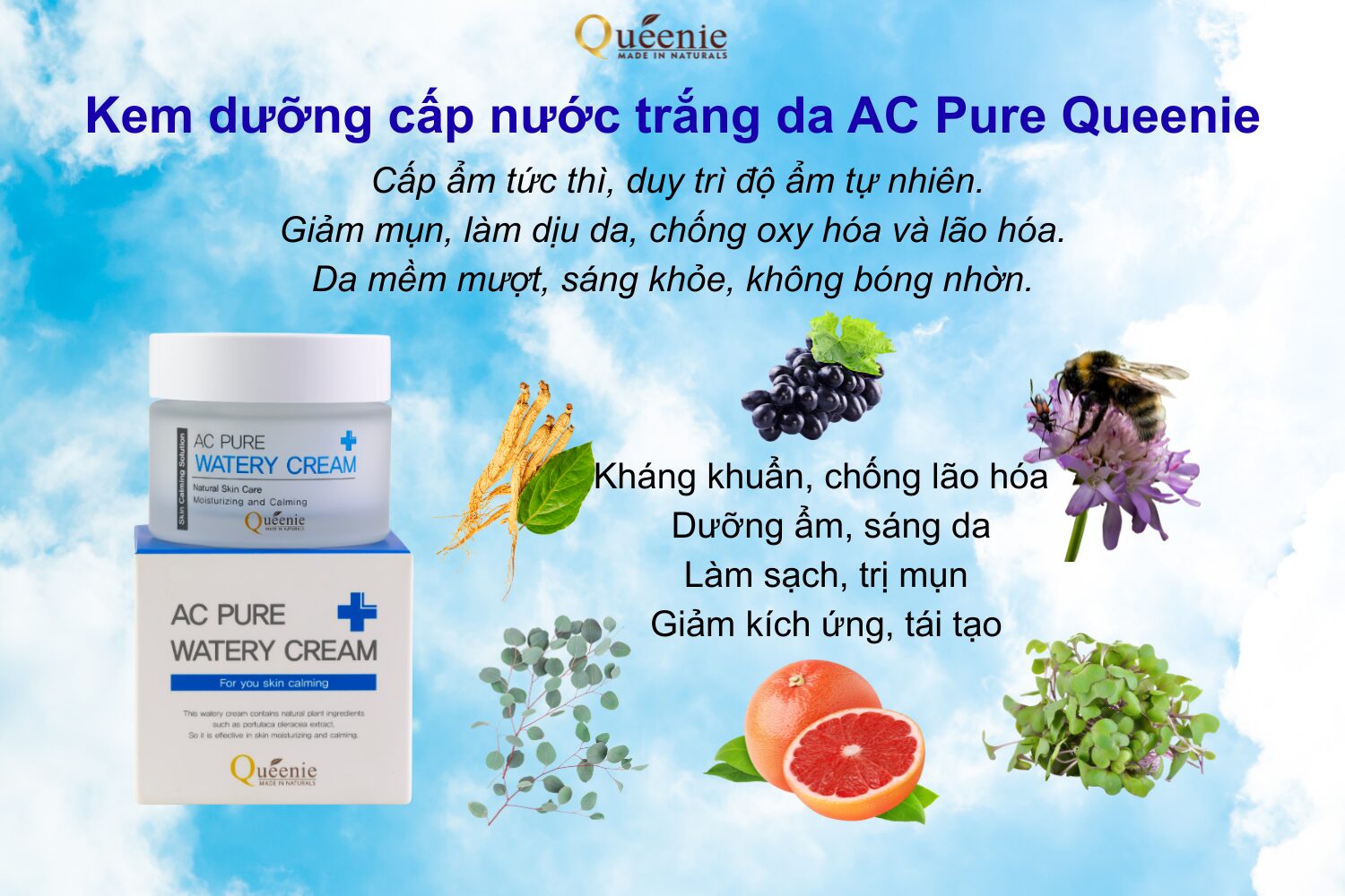 Kem dưỡng bổ sung nước cấp tốc cho da, phục hồi da nhạy cảm và da mụn Queenie AC Pure 50ml 19 Da khô, da mụn hay nhạy cảm đều cần được “uống nước”!💧 Queenie AC Pure Watery Cream – Cấp ẩm tức thì, phục hồi da khỏe mượt.